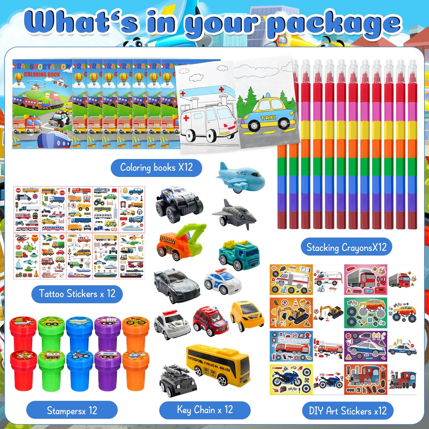 Cinrobiye 72 Pcs Transportation Party Favors Set, Vehicle Car Coloring Books Crayons Tattoos Stickers Stampers,Birthday Supplies