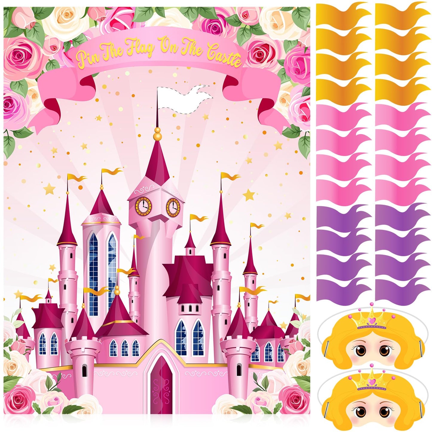 Faccito Princess Party Games Pin The Flag on The Castle Birthday Pin Games Set Include Pink Castle Poster 24 Flag Stickers 2 Bli