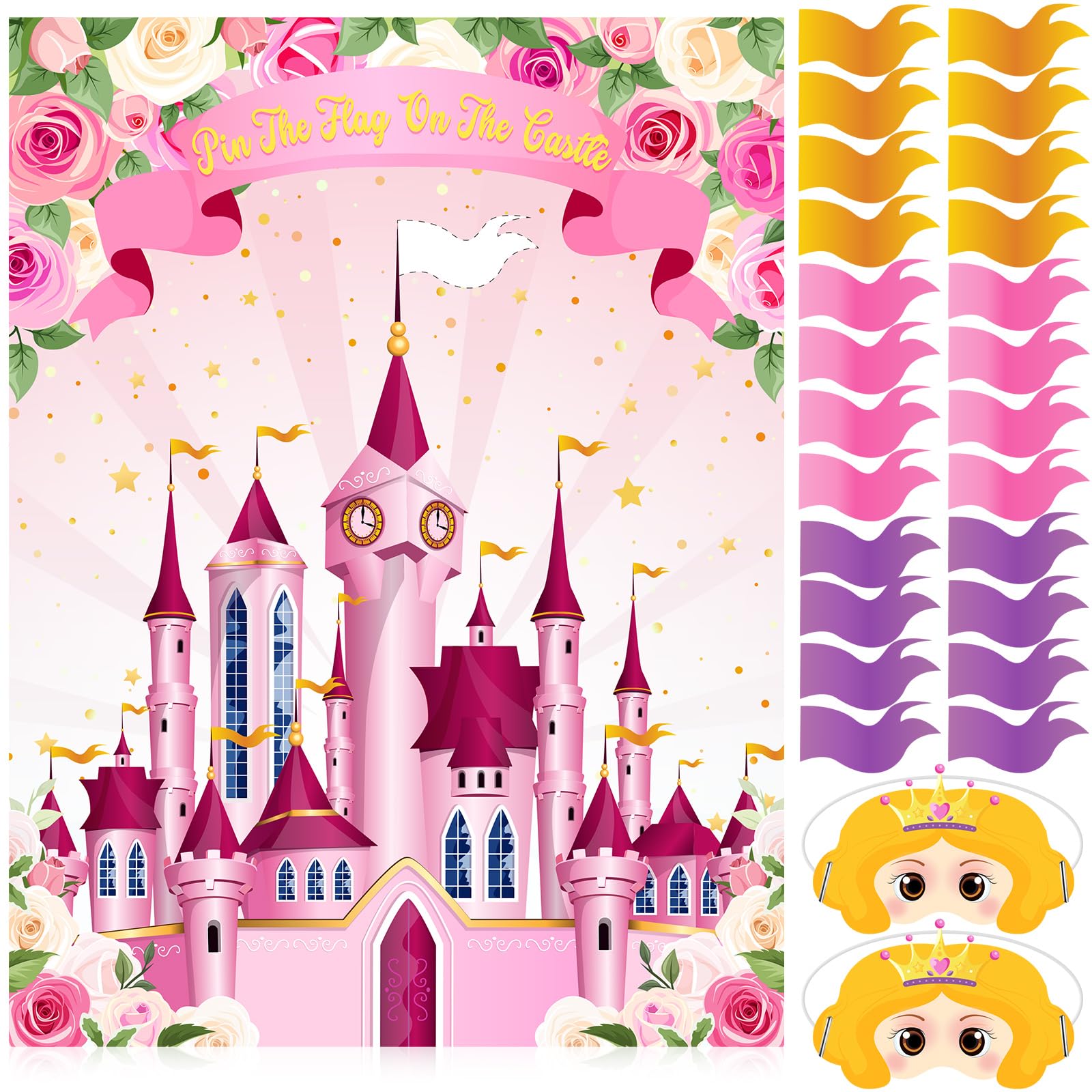 Faccito Princess Party Games Pin The Flag on The Castle Birthday Pin Games Set Include Pink Castle Poster 24 Flag Stickers 2 Bli