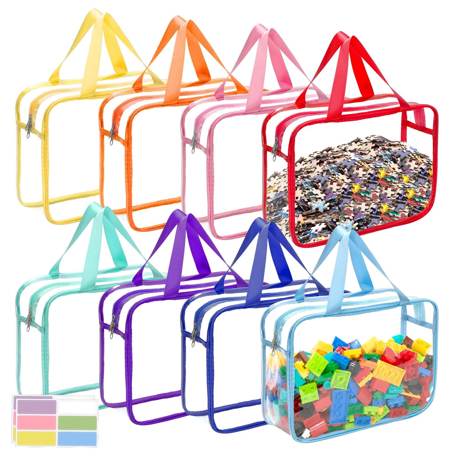 8 Packs 8 Colors Large Toy Storage Bags With Zipper And Labels, Clear Pvc Waterproof Toy Organizers Bags For Board Games, Puzzle