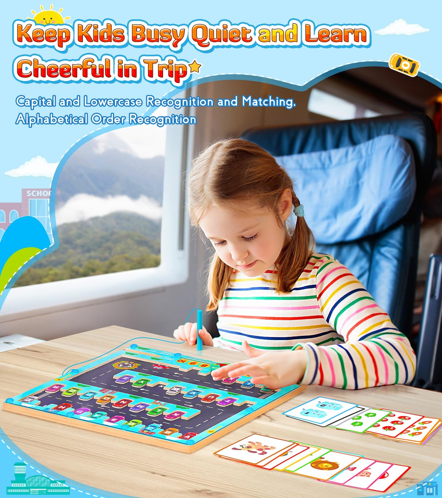 DOLNOW Magnetic Alphabet Maze Montessori Toys  Travel Toys for Boys Girls Ages 2 3 4  Learning Toy Fine Motor Skills Sensory Gifts for Toddlers Preschool with 20pcs Numbers Animals Cards