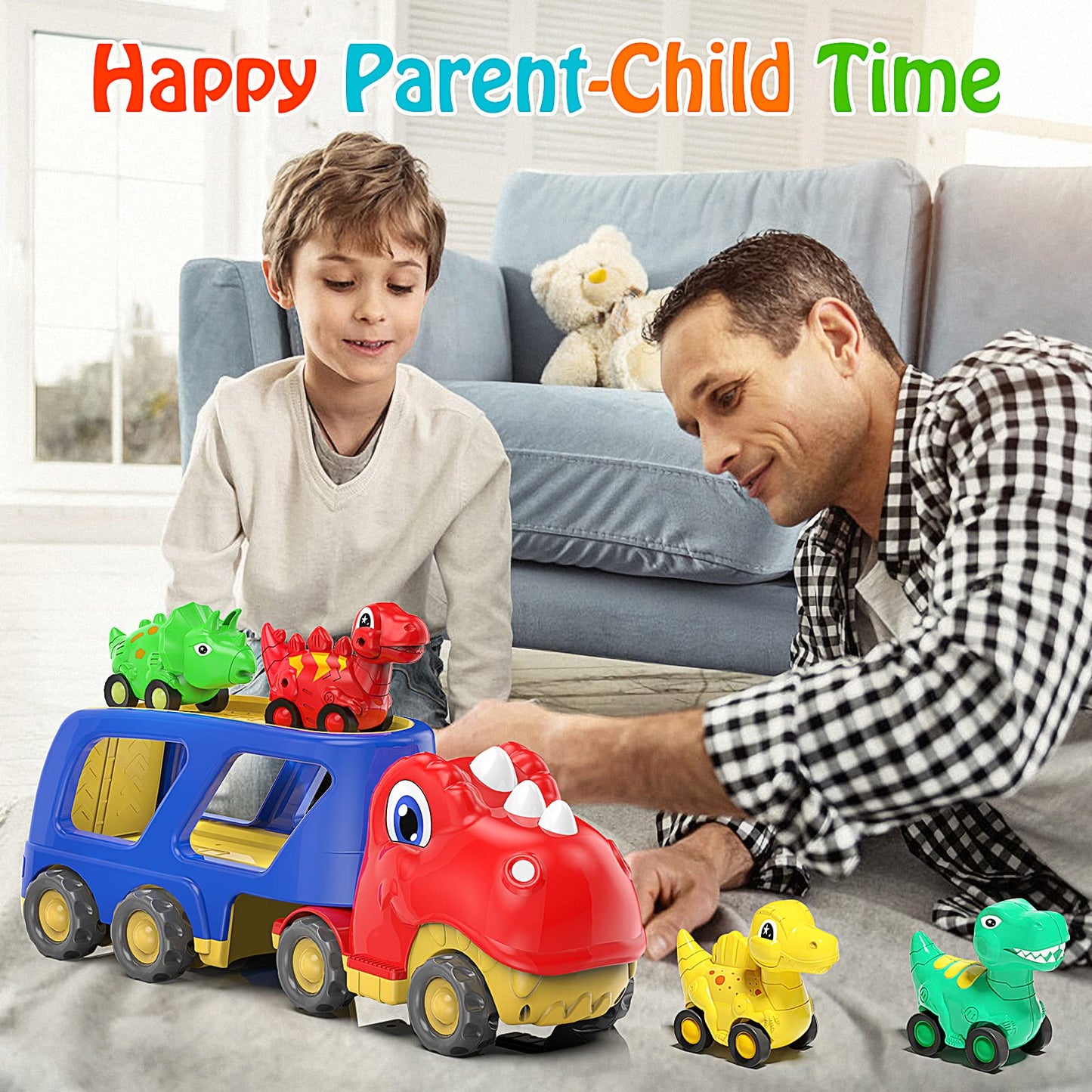 Veslier Toddler Car Toy - Dinosaur Transport Carrier Truck with 4 Pull Back Dino Cars, Assorted Colors, Perfect Gift for 18M+ Kids