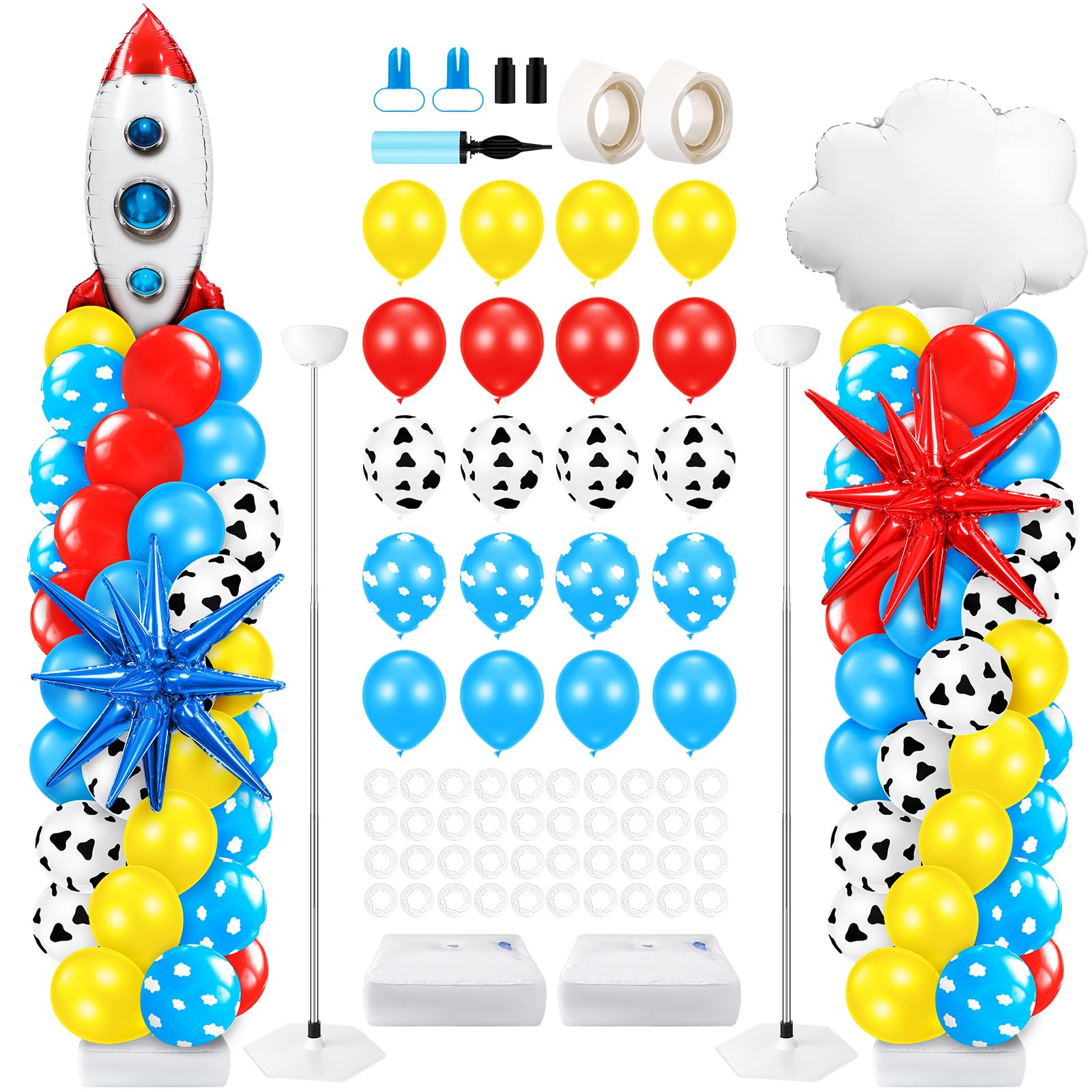 Kasyat 2 Sets Cartoon Story Party Balloon Column Stand Kit with Rocket Cloud Star Foil Cow Print Sky Blue Cloud Balloons Colorfu