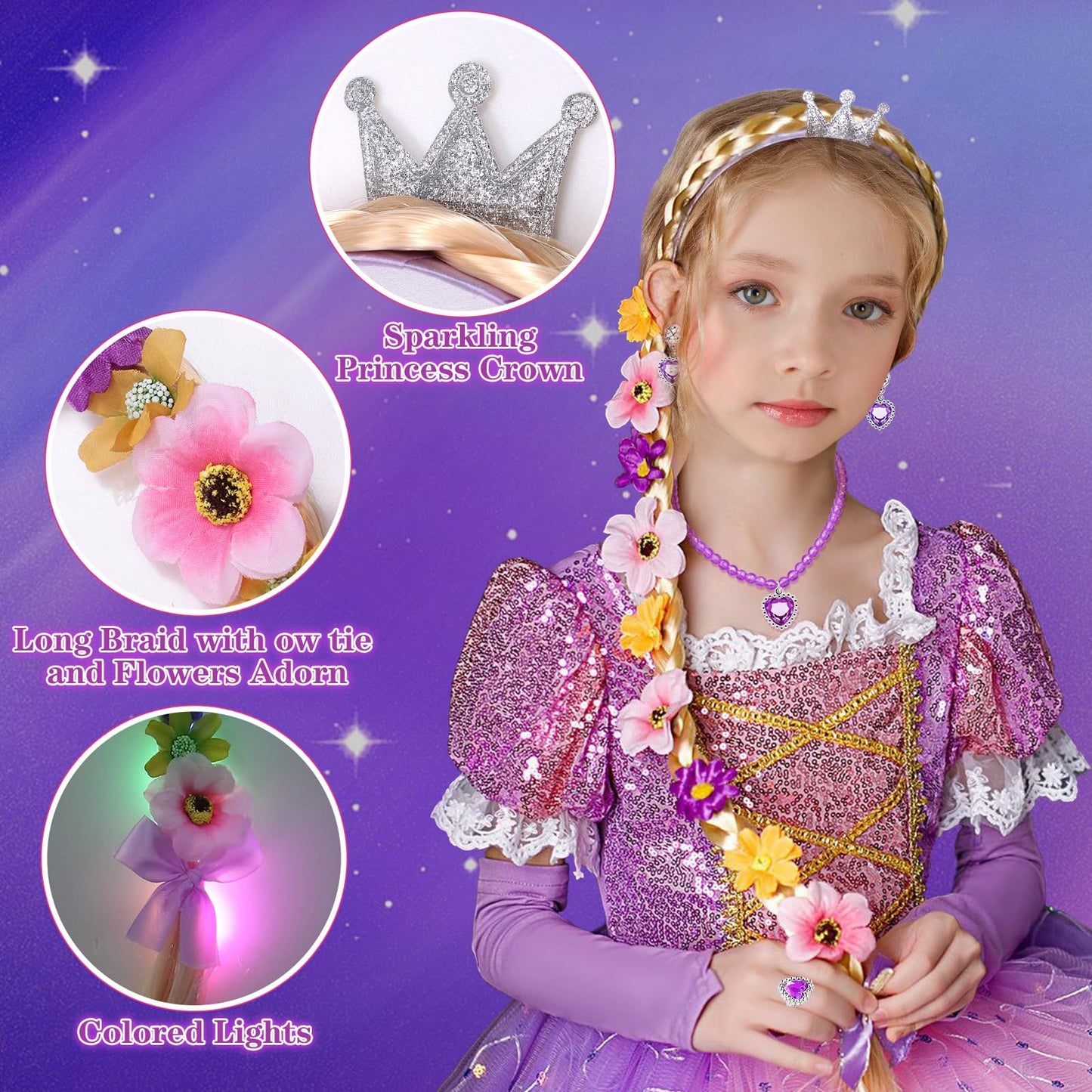 Svmk 10Pcs Girls Princess Costume Light Up Kids Toddler Princess Dress Up Clothes Accessories Led Wig Bag Wand Crown Ring Neckla