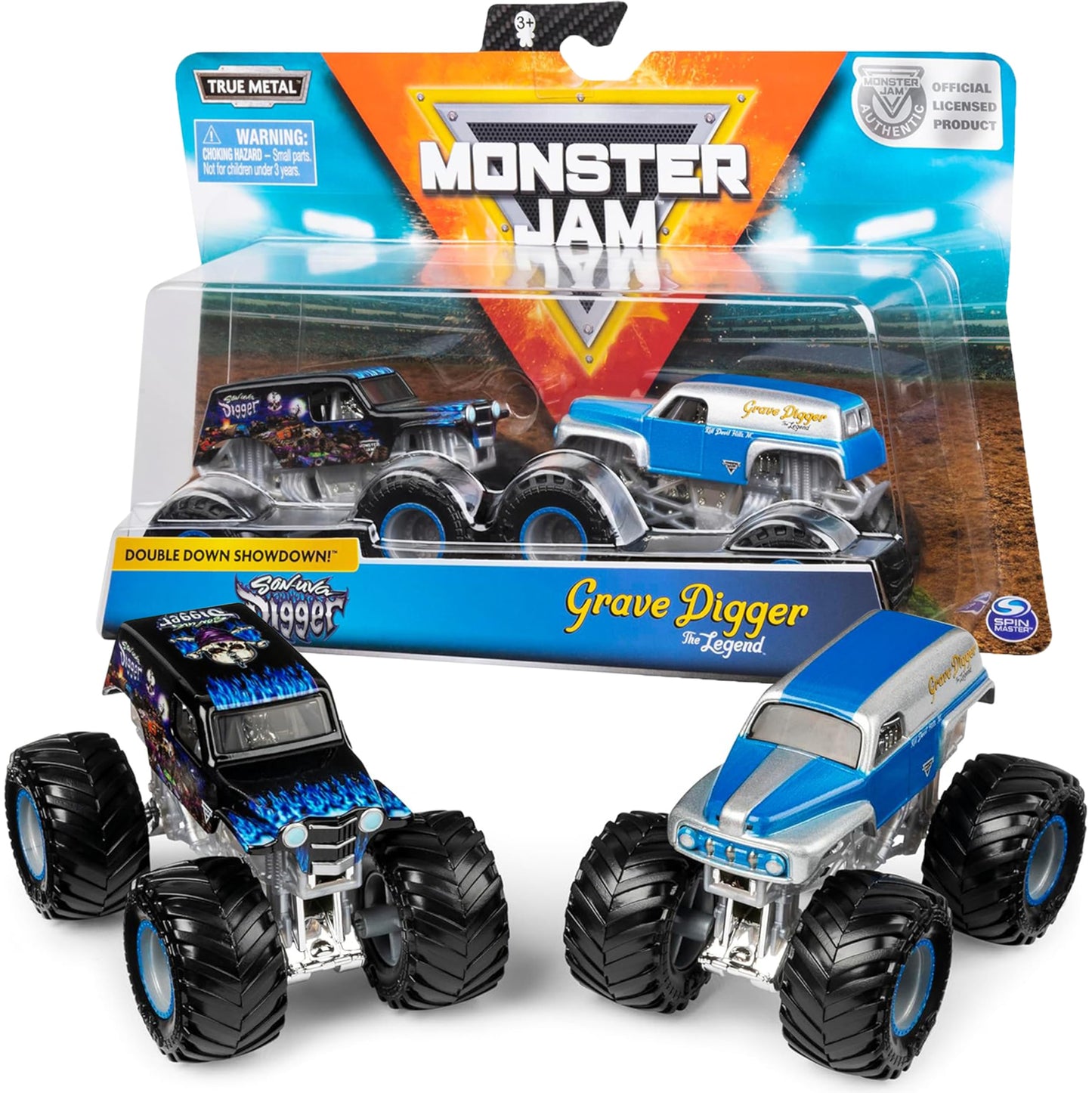 Monster Jam Grave Digger vs Son-Uva Digger Monster Truck Duo Pack- True Metal 1:64 Scale Die-Cast with Original Grave Digger Pai