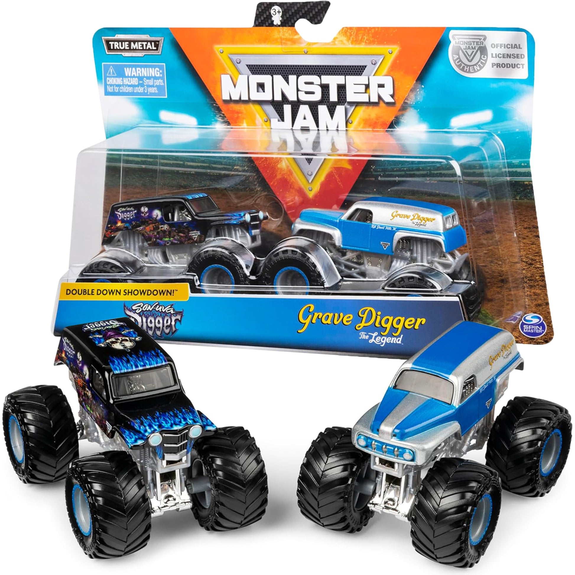 Monster Jam Grave Digger vs Son-Uva Digger Monster Truck Duo Pack- True Metal 1:64 Scale Die-Cast with Original Grave Digger Pai