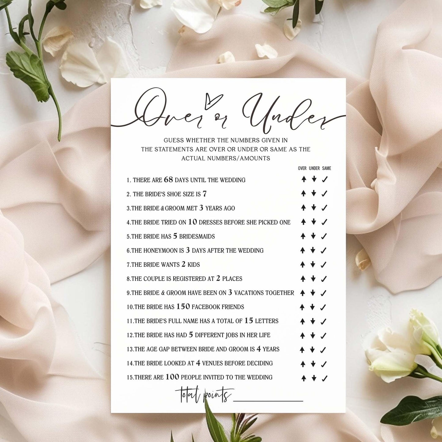 Wedding Shower Games Cards, Guess Over Or Under, Bridal Shower Games 25 Guests, Engagement Party Wedding Games For Guests, Minim