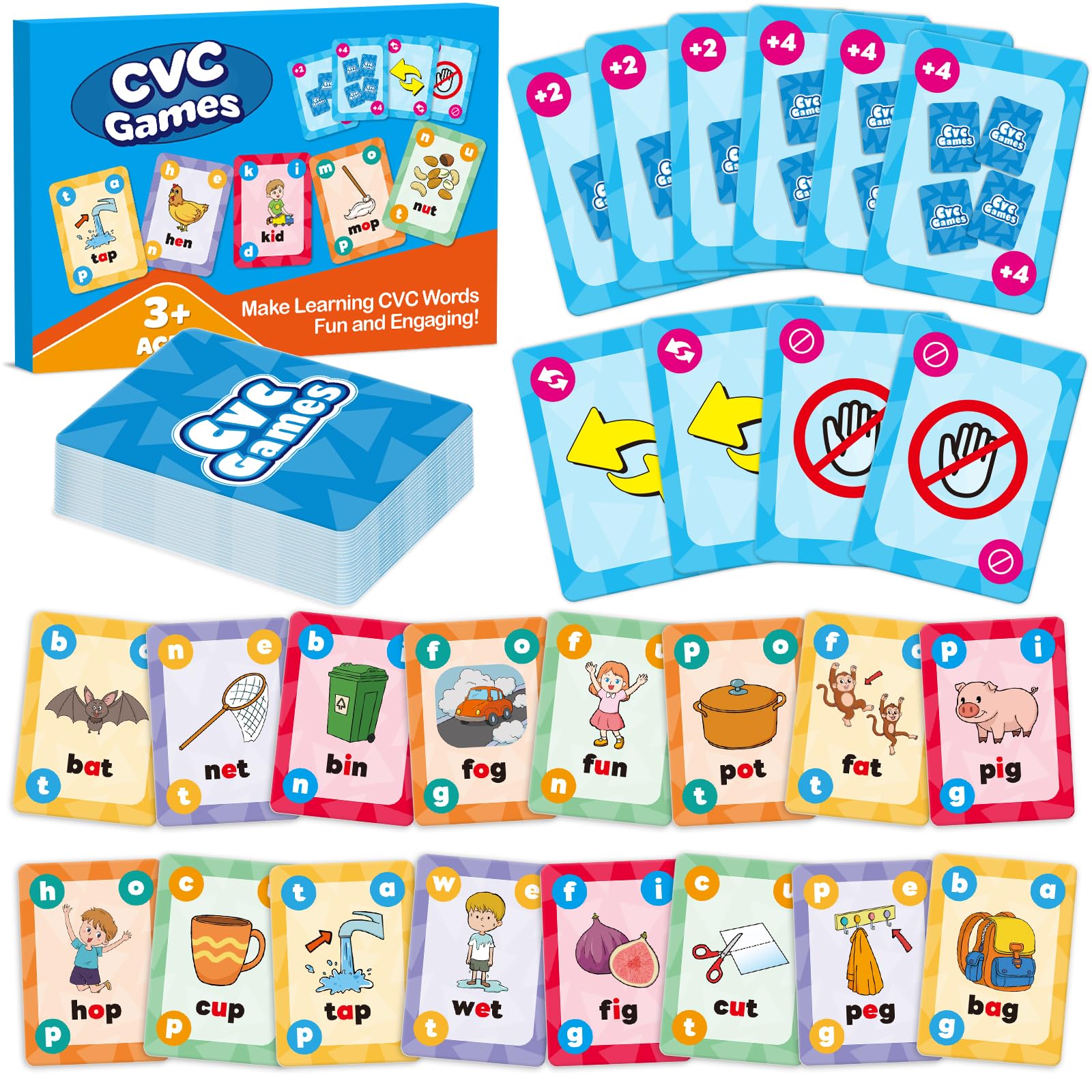 Broytain CVC Phonics Games for Toddlers,CVC Word Toy for Kids,Reading Card Game for Ages 4 5 6,Phonics Flash Cards to Learn Word