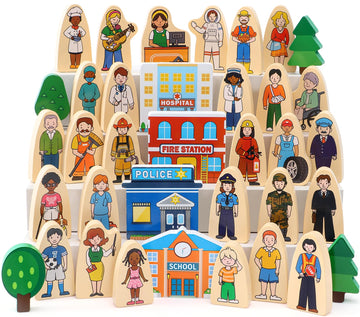 Atoylink 36Pcs Wooden Community Helpers Pretend Play Toys For Kids 3 4 5 6 Year Old, Little People Figures Wooden Blocks Occupations Dress Up Toddlers Preschool Learning Toys Boys Girls Birthday Gifts