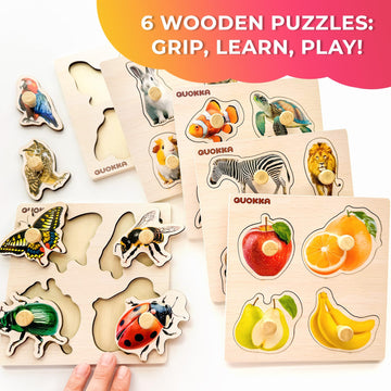 Quokka Wooden Puzzles For Toddlers 1-3 – 6 Pegged Puzzles For Kids Ages 2-4 – Animal And Fruits Learning Toy For Kids – Gift Realistic Educational Game For Boy And Girl