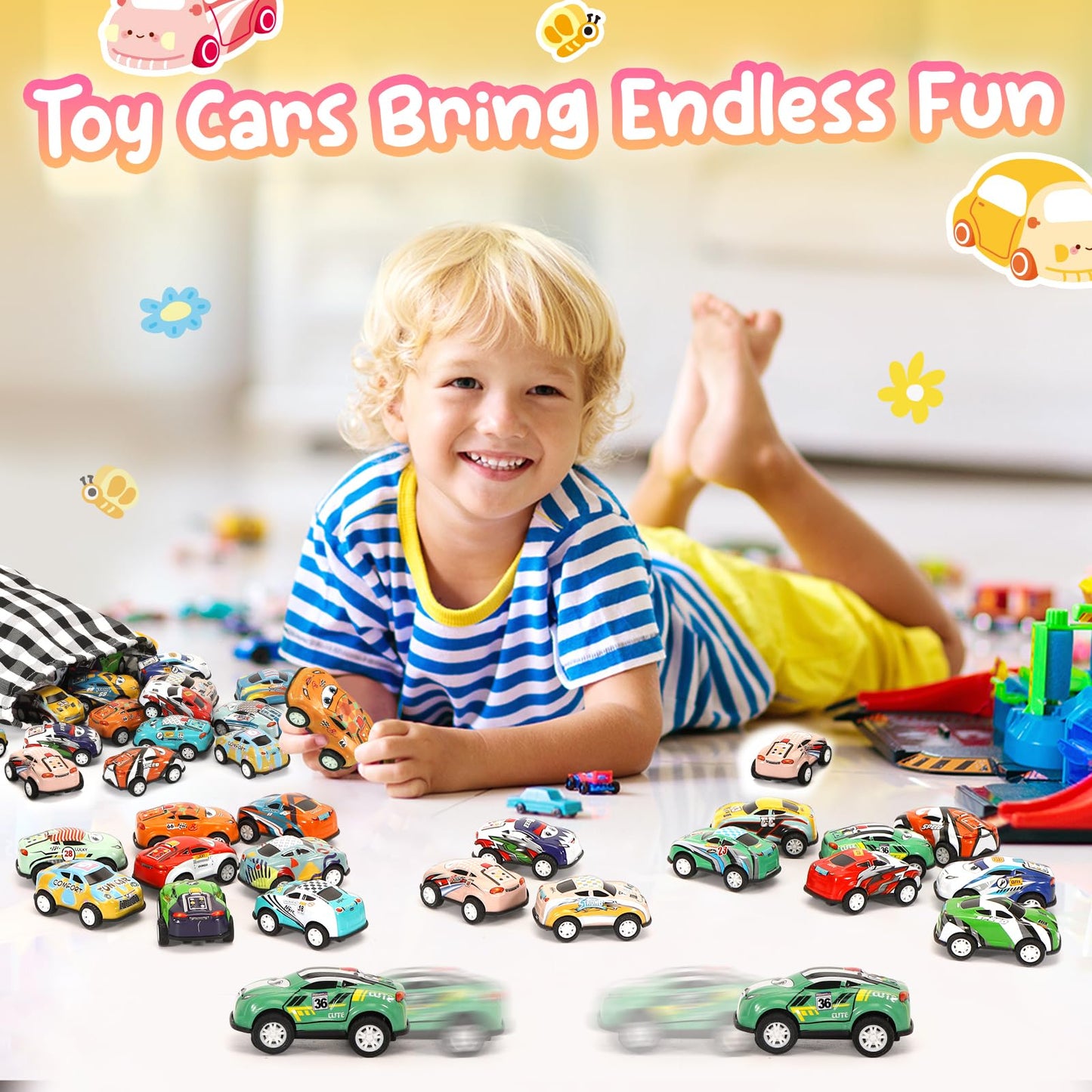 SevenQ Toy Cars for Kids Ages 4-8, 30Pcs Pull Back Cars Playses with Storage Bags, Race Car Party Favors for Toddler Boys Girls