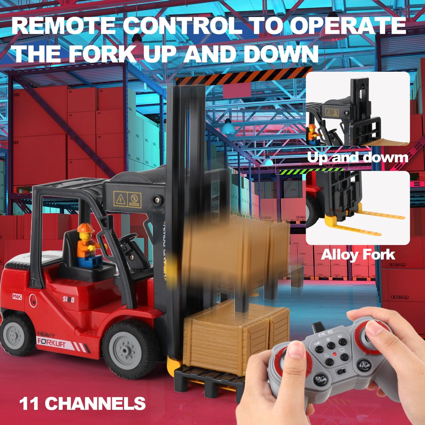 Mscredse Remote Control Forklift Cranes 11 Channel 2 Mode RC Forklift Truck with Spray Sound and Lights Construction Toys 2.4Ghz