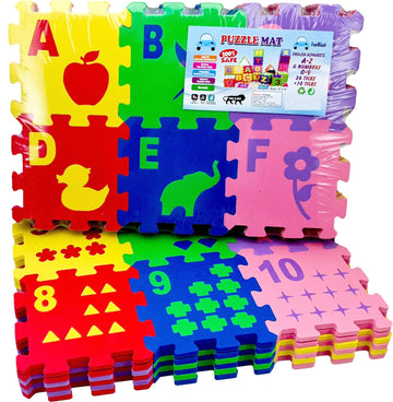 Funblast 36Pcs Alphabet Mini Puzzle Foam Mat For Kids, Interlocking Learning Alphabet And Number Mat Puzzle For Kids With Pictur