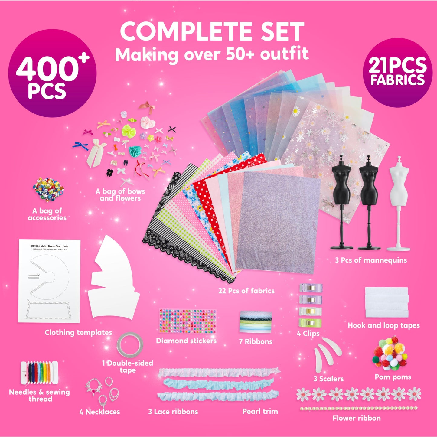 Klever Kits 400+PCS Fashion Design Crafts for Kids, Art and Crafts, DIY Sewing Kits with 3 Mannequins for Girls Aged 8-12, Birth