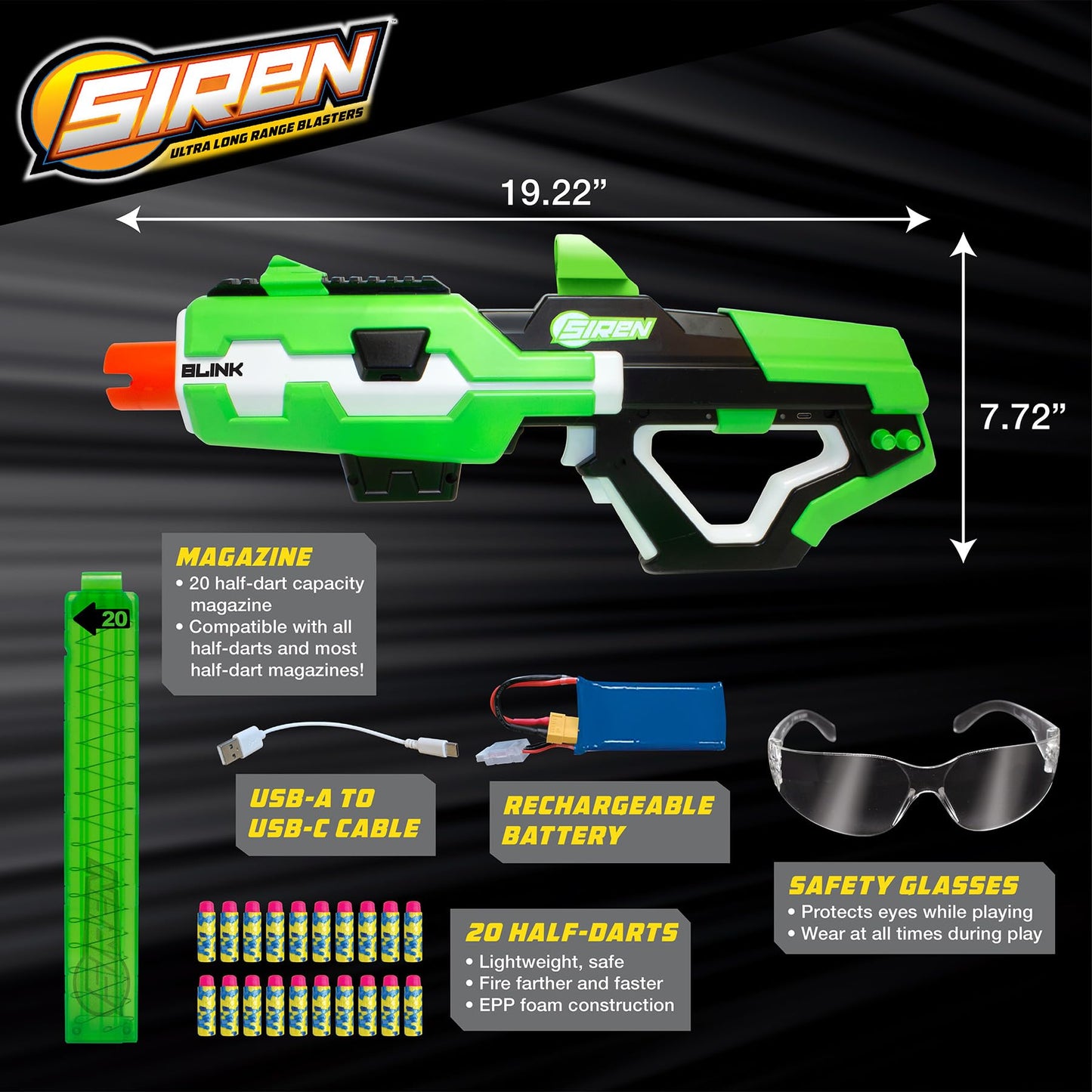 Siren Blasters Blink Motorized Rapid-Fire Ultra Long Range Foam Dart Blaster, Single Shot, Burst Or Fully Auto Flywheel Launcher