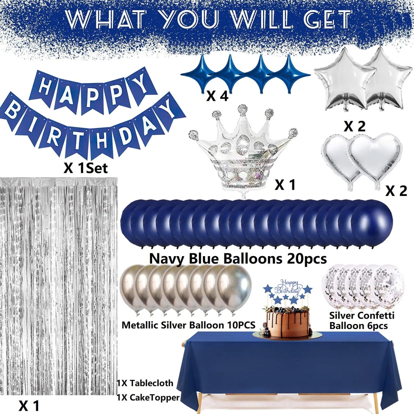 Navy Blue Happy Birthday Party Decorations Set for Men Boys Women Girls, Banner, Crown Balloon, Fringe Curtains, Cake Topper,tab