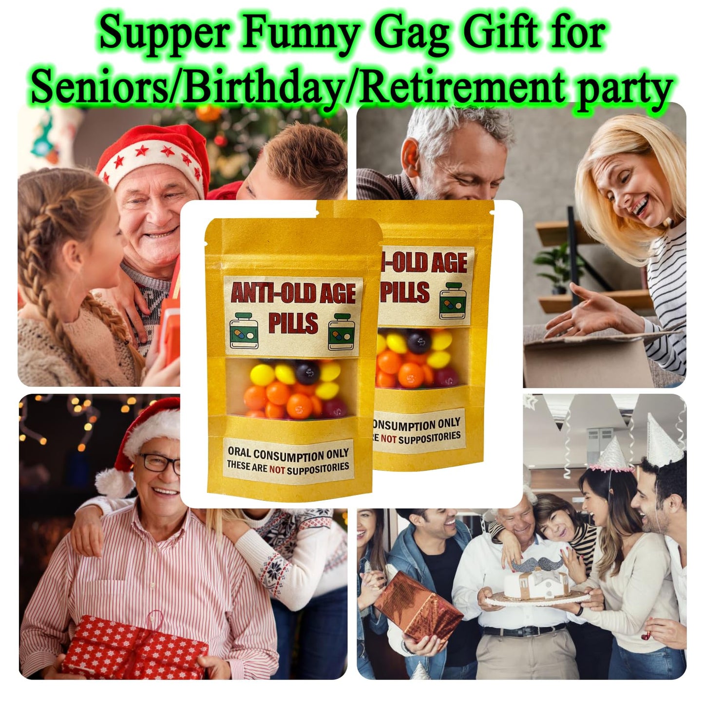PHAWNGU 4 Pack Funny Anti-Old Age Pills (Empty Pouch) - Gag Gift for Seniors, Over The Hill Birthday, Retirement Party Favor, Jo