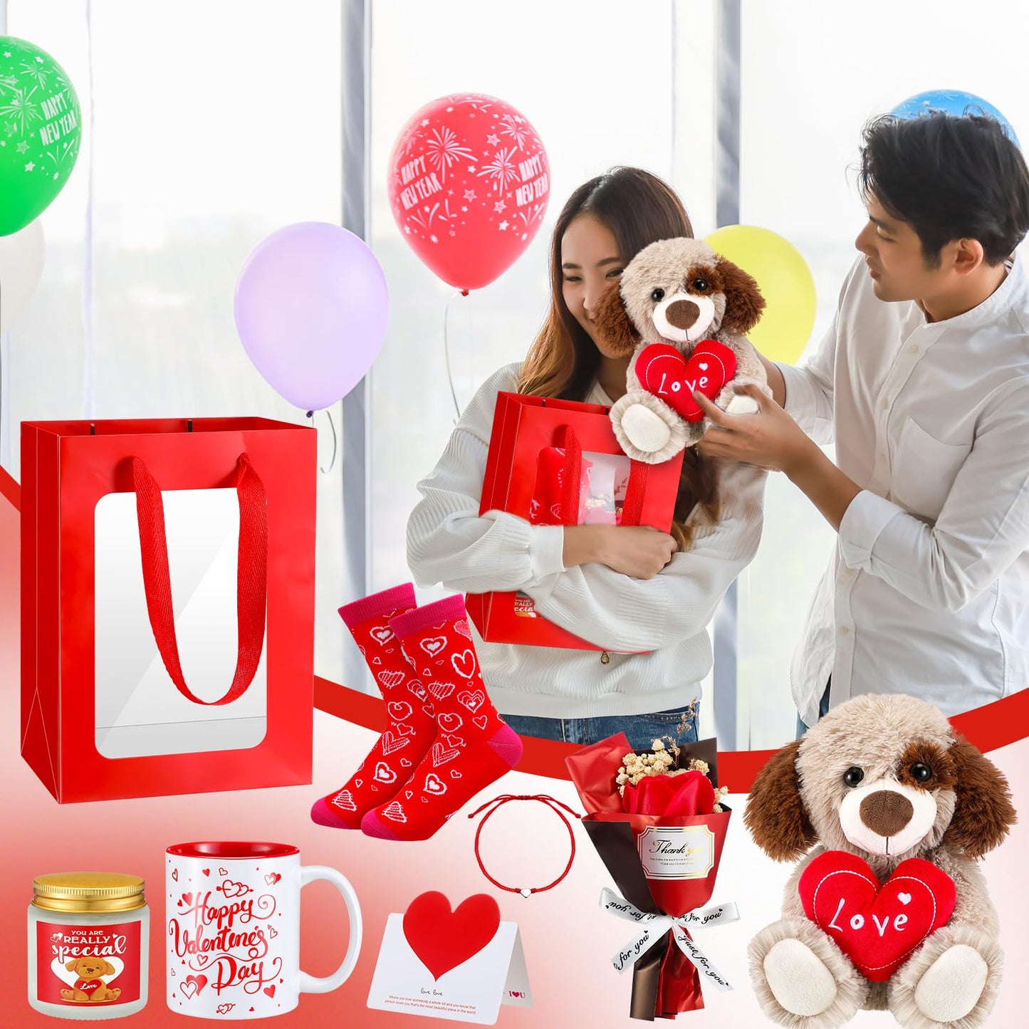 Syhood 8 Pcs Valentine Bear Dog Plush Stuffed Animals Gift Set Love Dog Stuffed Animal Roses Bouquet Coffee Mug Heart Crew Socks