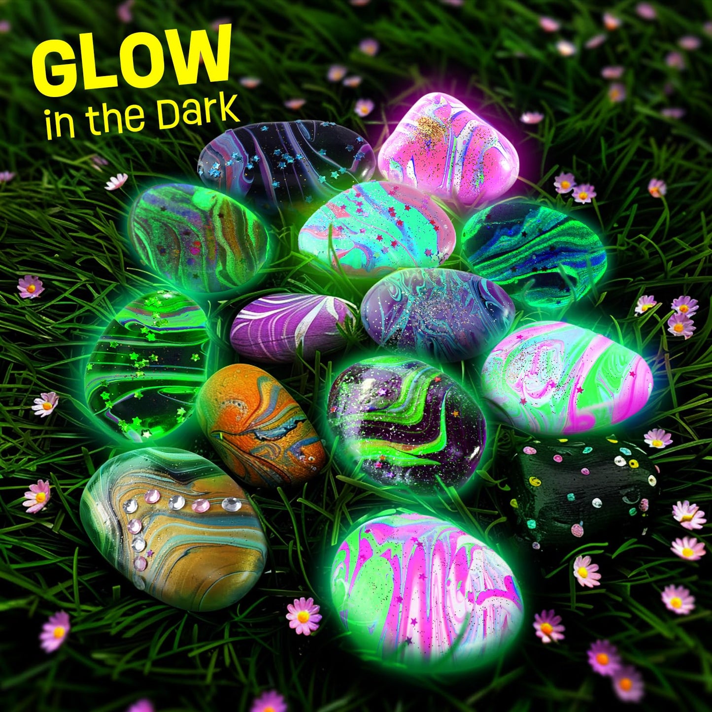 LAOESE 2 in 1 Rock Painting Art Kit - Glow in The Dark Pouring Rock Kit - Arts and Crafts for Kids Girls & Boys Ages 6-8, 8-12,