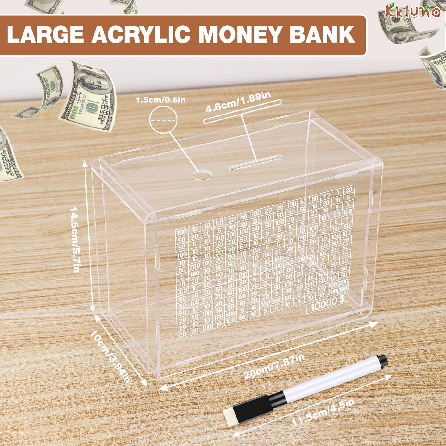 Kkluno 10000 Savings Challenge Box - Clear Wooden Cash Vault Piggy Bank with Coin Counter for Adults & Kids, Caja De Ahorros 10000