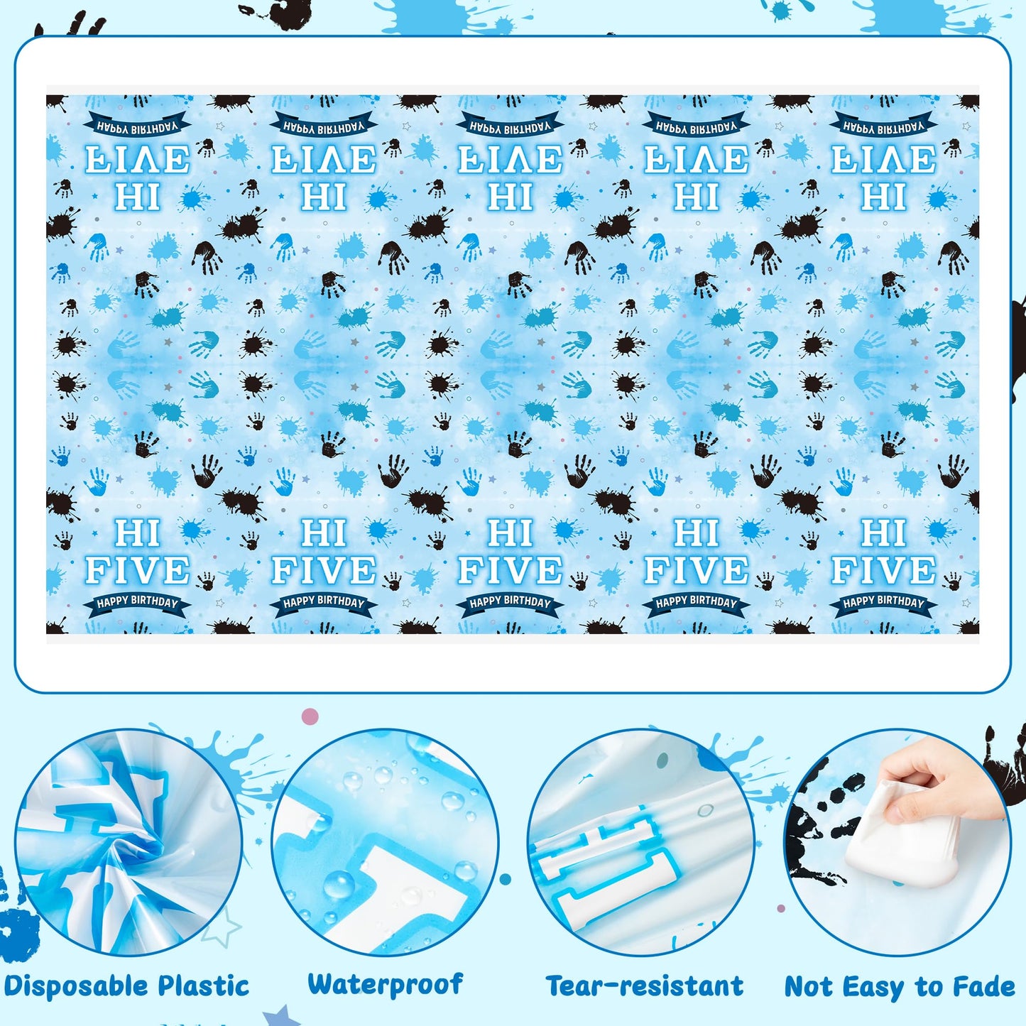 3Pcs Hi Five Party Tablecloths - Blue High 5 Year Old Party Table Covers Decorations 5th Birthday Rectangular Plastic Disposable