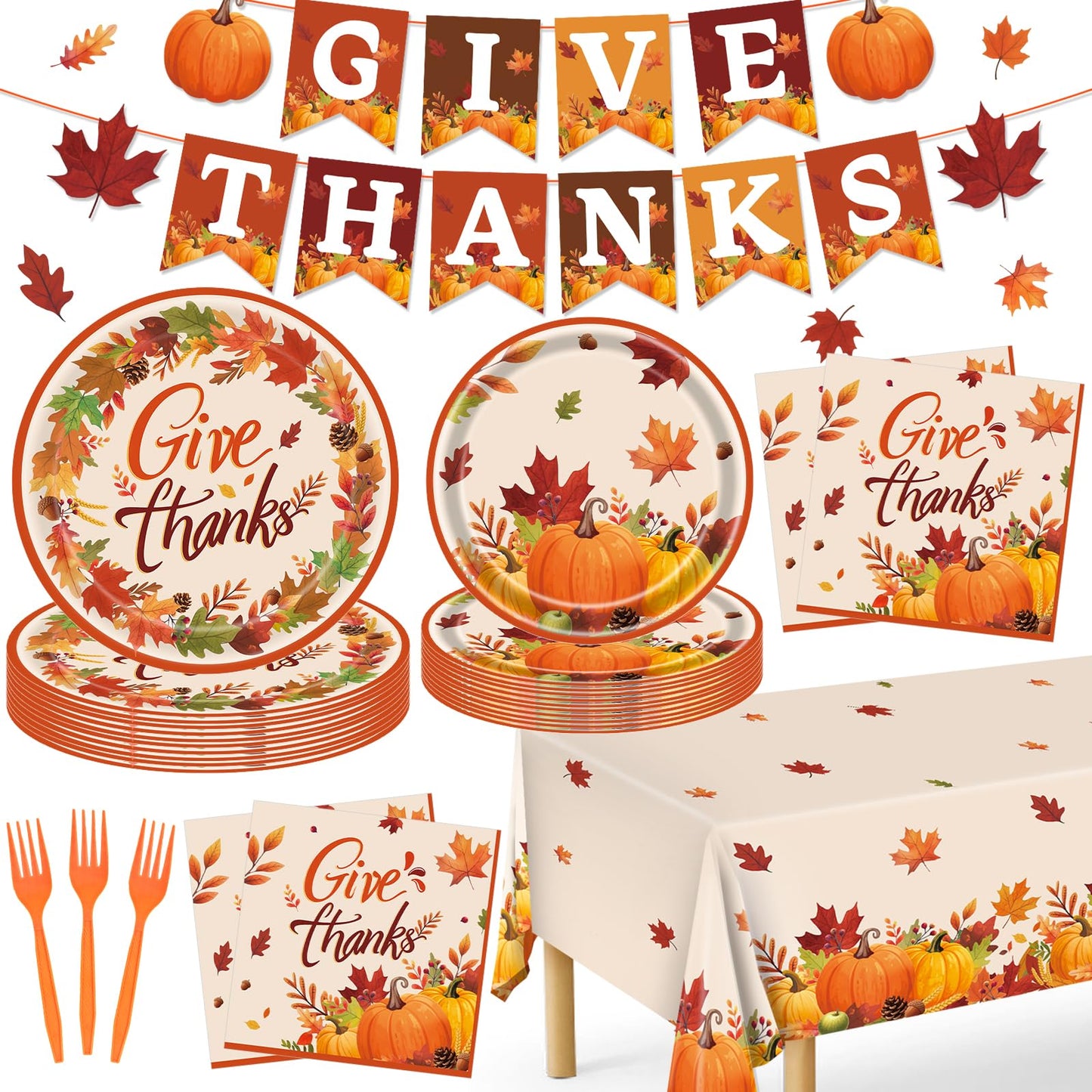 Thanksgiving Plates, 98PCs Give Thanks Plates Serves 24 with Napkins Tablecloth and Give Thanks Banner Forks for Fall Autumn Tha