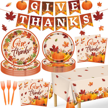 Thanksgiving Plates, 98PCs Give Thanks Plates Serves 24 with Napkins Tablecloth and Give Thanks Banner Forks for Fall Autumn Tha
