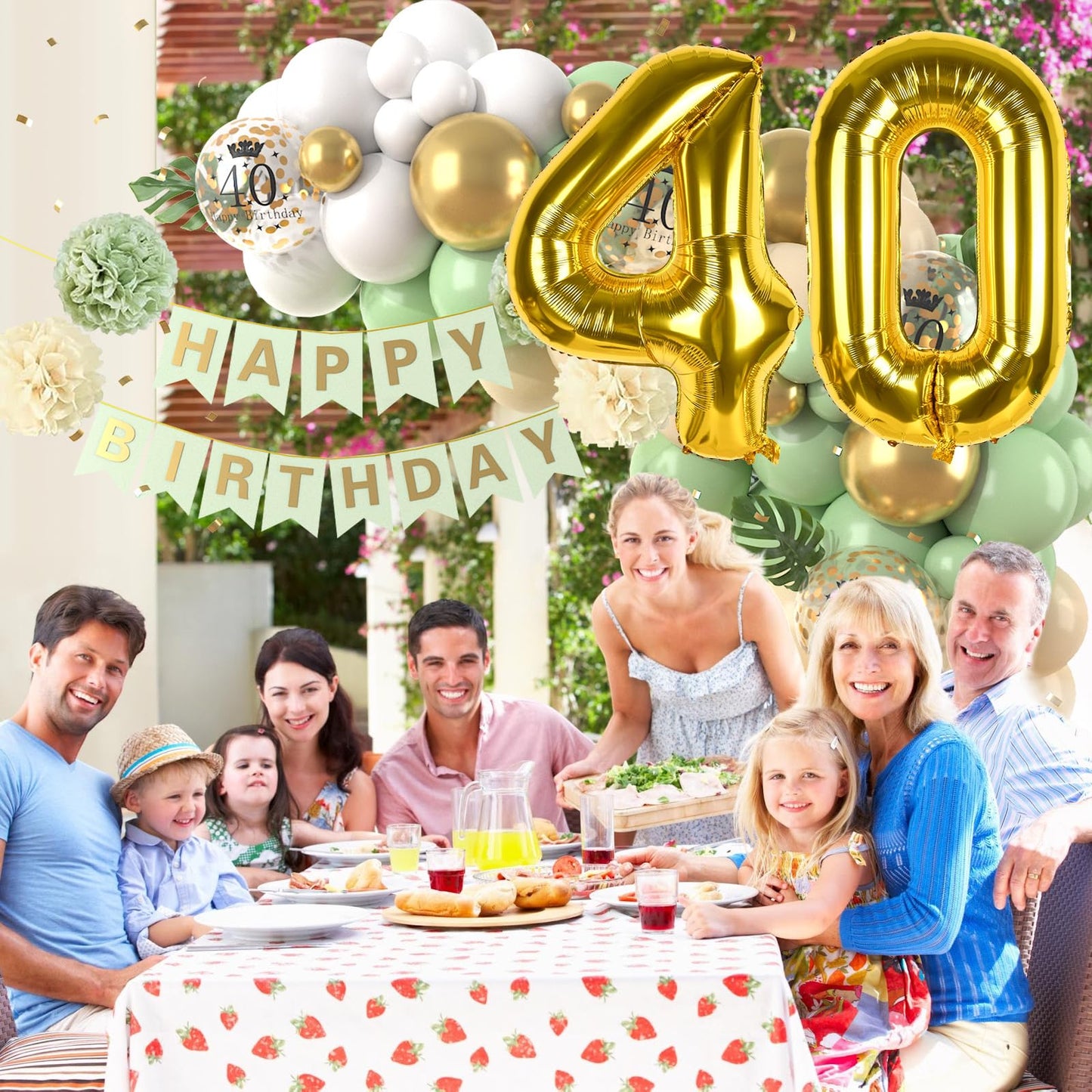 40Th Birthday Decorations Sage Green,40Th Birthday Balloon Garland Party Decorations With Number 40 Foil Balloons,Happy Birthday