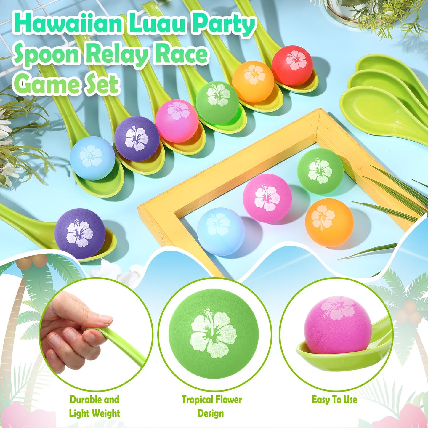 VercanMonth 12 Pcs Luau Games Hawaiian Spoon Race Games Toy Set Luau Party Favors Tropical Summer Birthday Party Themed Ball and
