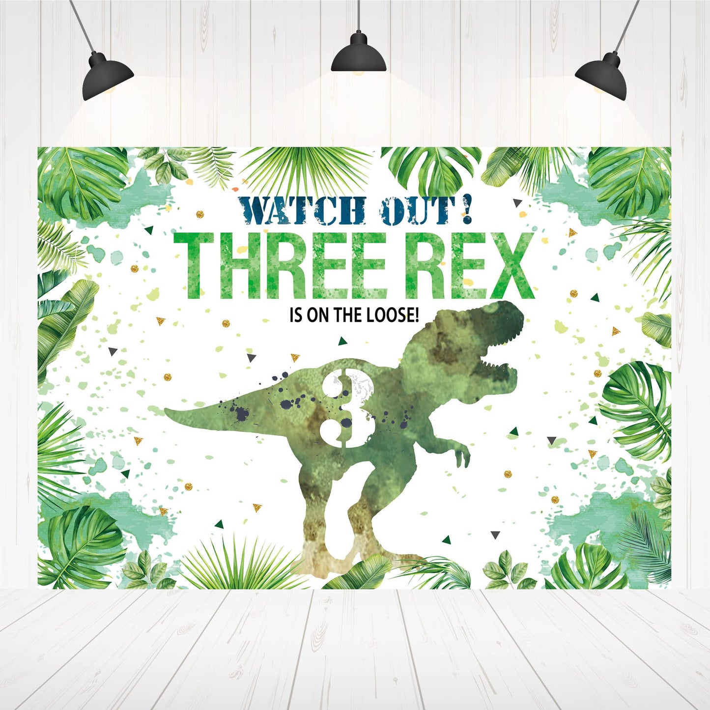 Hilioens Dinosaur Birthday Backdrop, 5'×3' Green Polyester Banner, 3rd Birthday Party Decorations, Model BK-068-WE