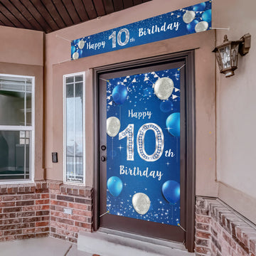 Happy 10Th Birthday Door Cover Porch Banner Sign Set - 10 Years Old Birthday Decoraions Party Supplies For Men - Blue