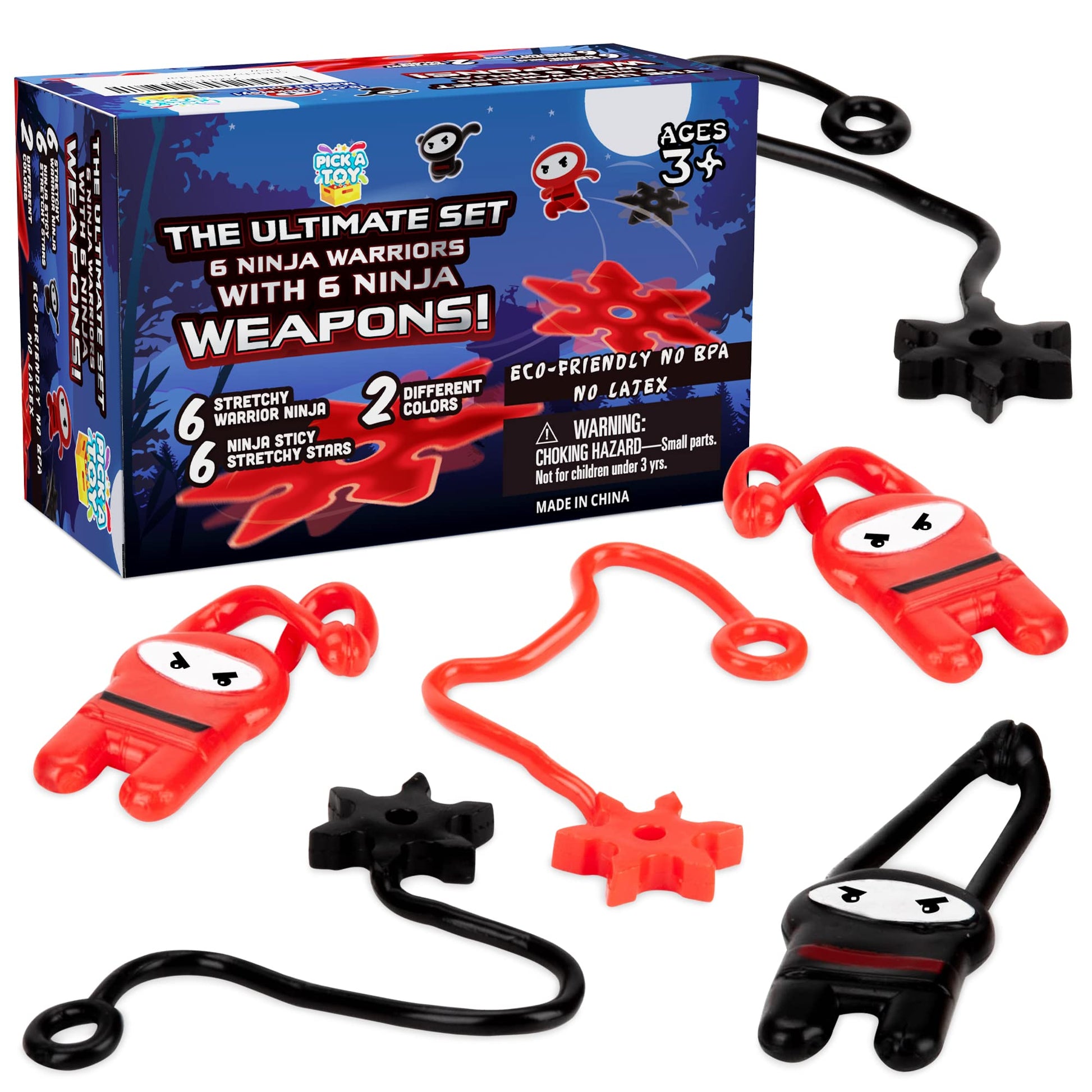 PICK A TOY 12 Pc. Ninja Toys Set with Stretchy Flying Ninjas and Colorful Throwing Stars Slingshots, Flexible and Sticky Elastic