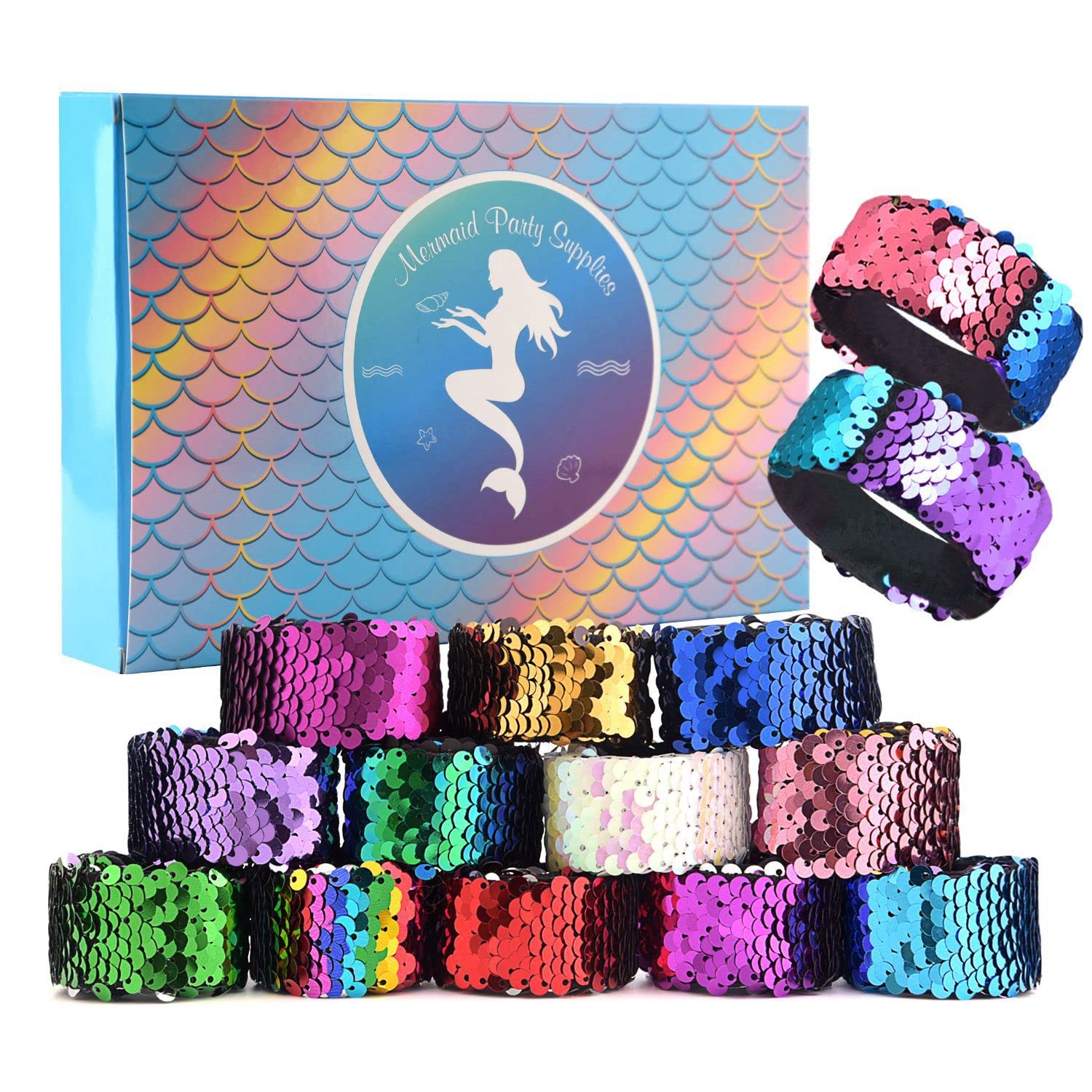KUUQA 16 Pcs Magic Sequins The Mermaid Bracelets 2-Color Sequin Reversible Glitter Slap Bracelets Charms Wristband for Kids Litt