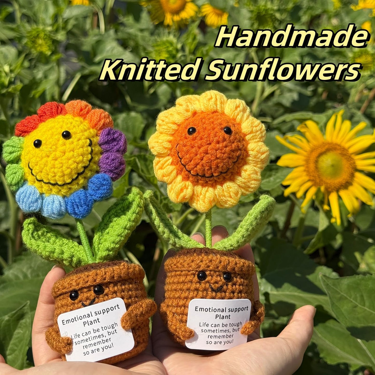 2Pcs Emotional Support Plush Sunflower  Crochet Plant Smile Flowers  Handmade Knitted Flowers Doll  Positive Crochetd Sunflowers Plant Decor with Positive Card  Desk Decor  Encouraging Cheer Up Gifts