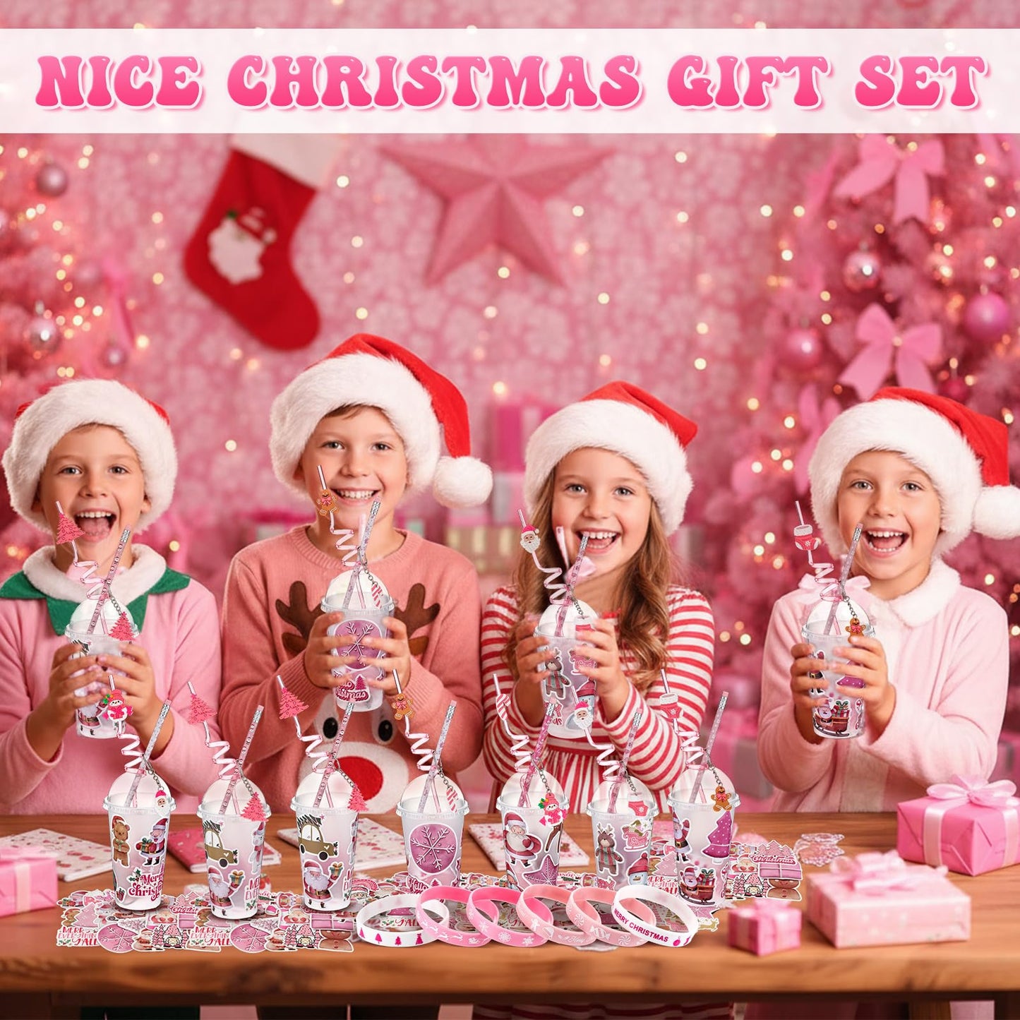 Seenelling 24 Set Pink Christmas Stationery Party Favors for Students Xmas Gift Cups Filler with Keychain Pencil Straw Silicone