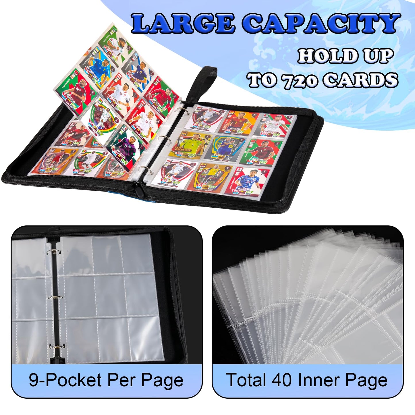 LIMSTDIC Card Binder for Pokemon Card  9 Pocket 40 Double-Sided Pages for 720 Card Pocket enhanced Zip PU Card Binder for Pokemon  Collectible For TCG MTG Baseball Football Trading Card Game(Blue)