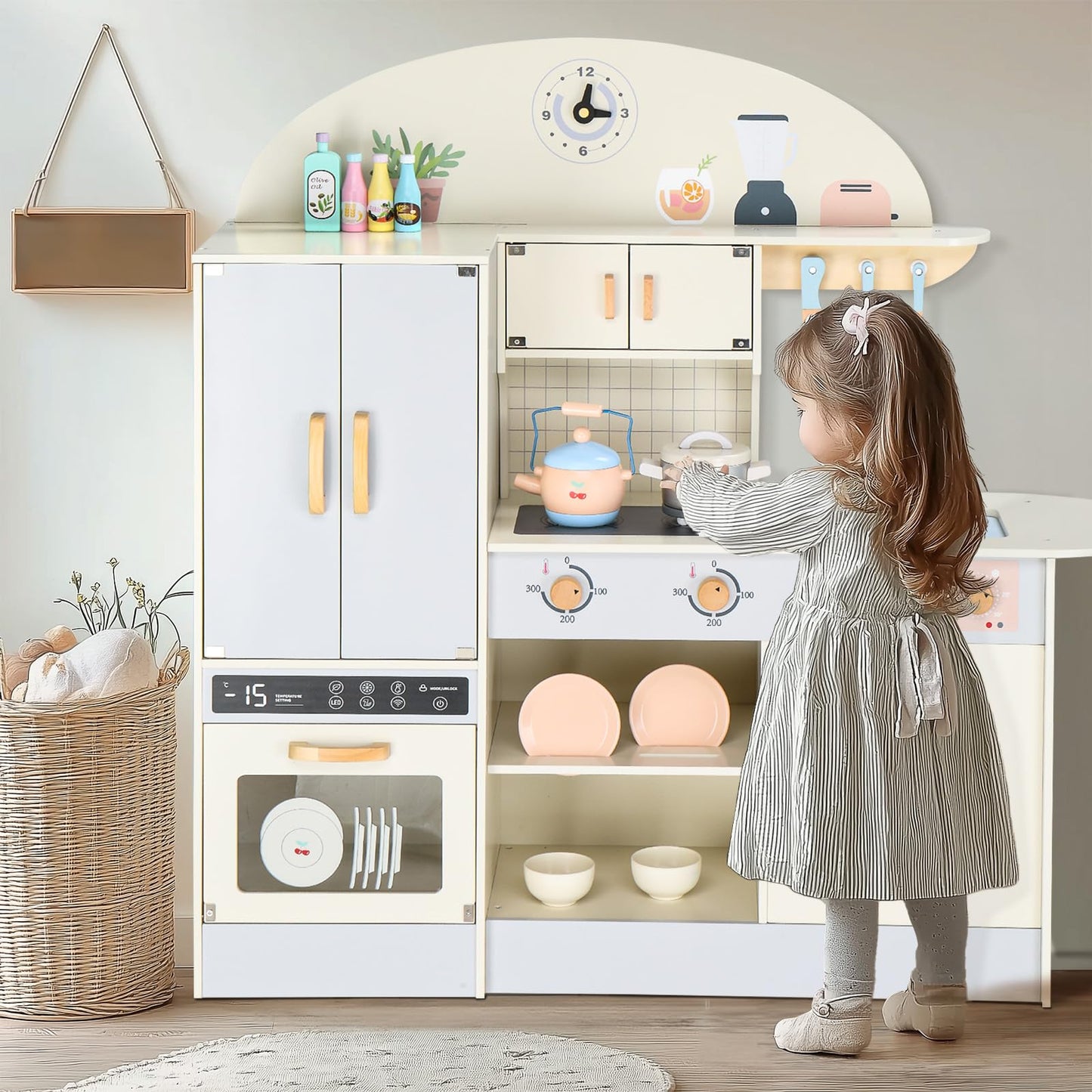 Ktaxon Wooden Play Kitchen For Kids, Pretend Kitchen Playset With Toy Double-Door Refrigerator, Storage Space & Cooking Set Acce
