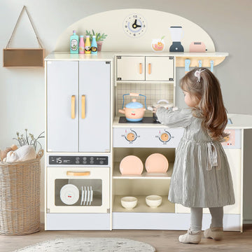 Ktaxon Wooden Play Kitchen For Kids, Pretend Kitchen Playset With Toy Double-Door Refrigerator, Storage Space & Cooking Set Acce