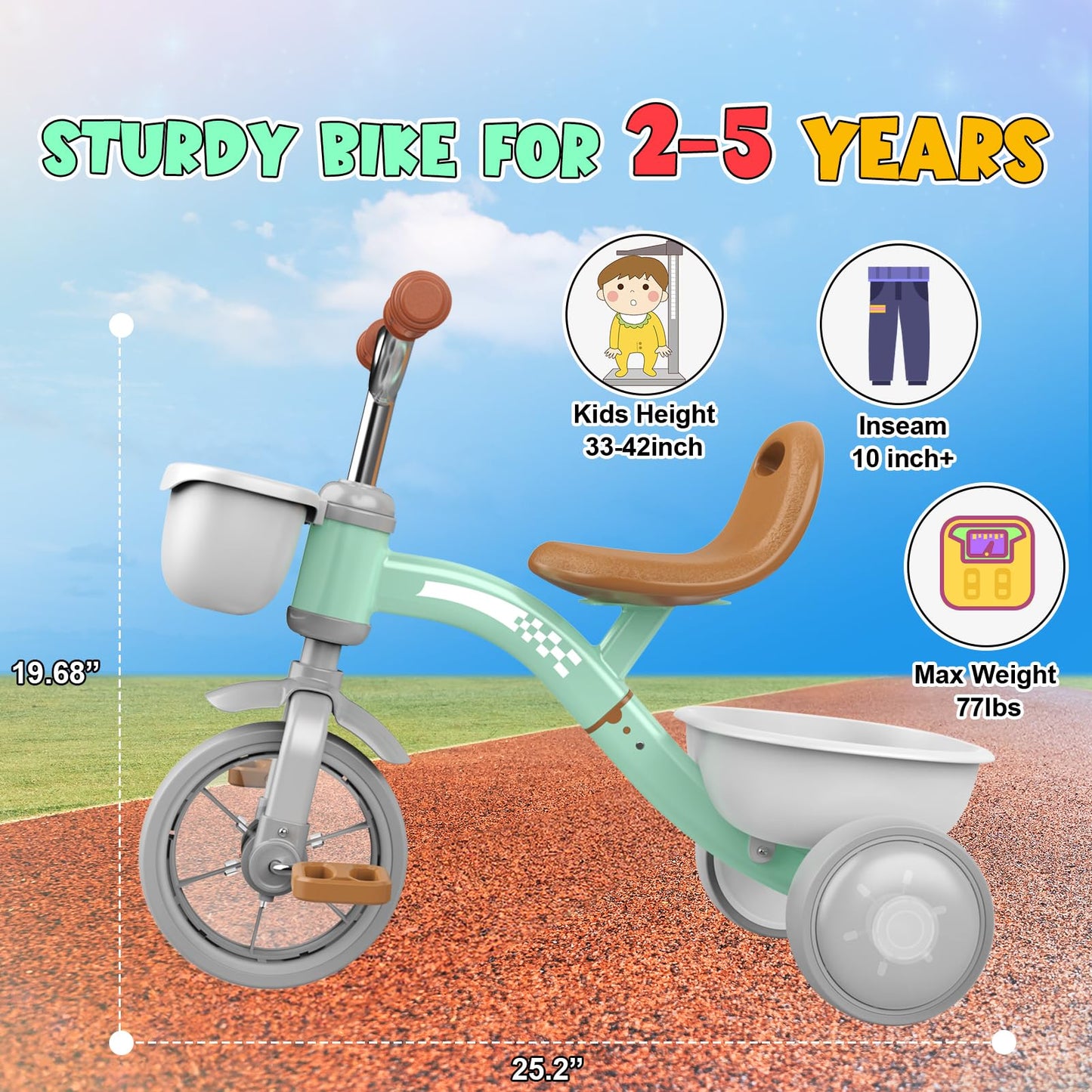 Kkdi Toddler Tricycle, 4-Level Adjustable Seat, Green, Model WJ121503, for Ages 1-5, Perfect Birthday Gift for Boys & Girls
