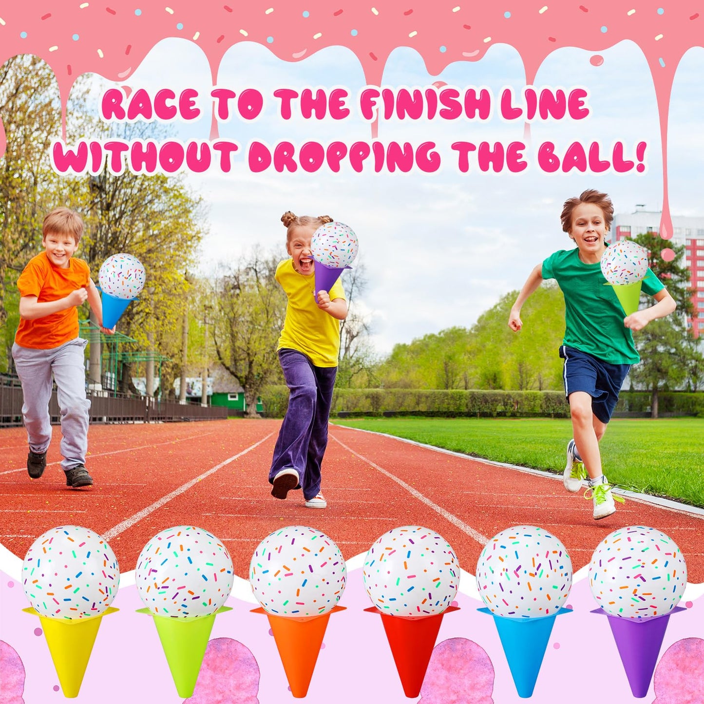 JellyArch 6 Sets Ice Cream Cone Relay Race Toy Game Ice Cream Ball Toy Include 7 Inch Ice Cream Cone and 5.9 Inch Ice Cream Ball