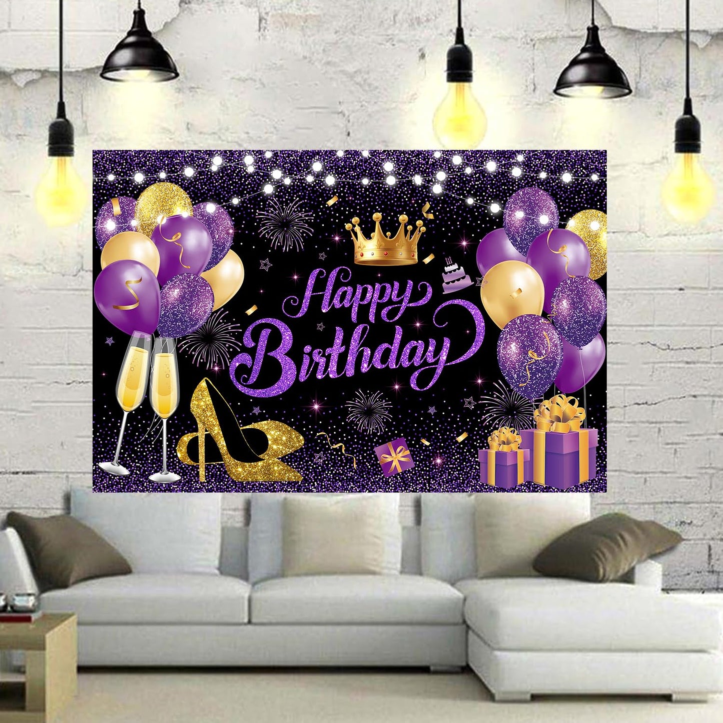 YinQin Backdrop - Happy Birthday Party Cloth 180x120 cm, Purple Gold Glitter, Photography Background for Women and Girls