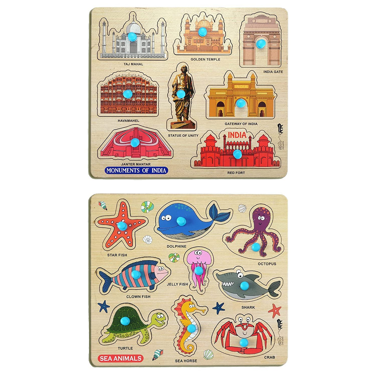 GREST Mini Wooden Sea Animals and Monuments Puzzle with Knobs, Educational and Learning Game for Kids for Kids