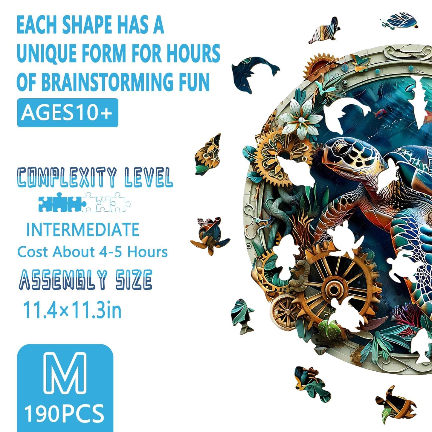 Wooden Puzzles for mature-themeds  Embossed Sea Turtle Puzzle for mature-themeds  Unique Shaped Wooden Jigsaw Puzzle  Wood Puzzles mature-themed  Fun Gifts for Friends & Family  Wall Art Canvas (M-11.4 * 11.3in -190 pcs)