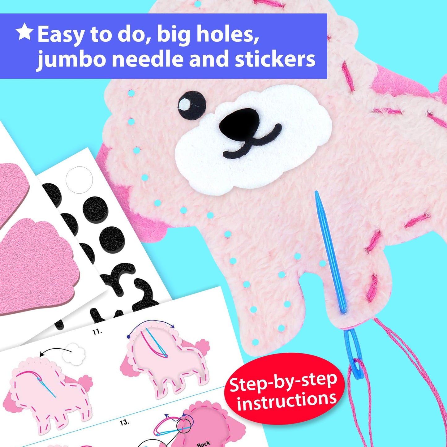 KRAFUN Easy Sewing Kit for Kids - 8 DIY Projects, Fabric, Puppy & Kitten, Model 89805, Arts & Crafts Gift for Boys & Girls