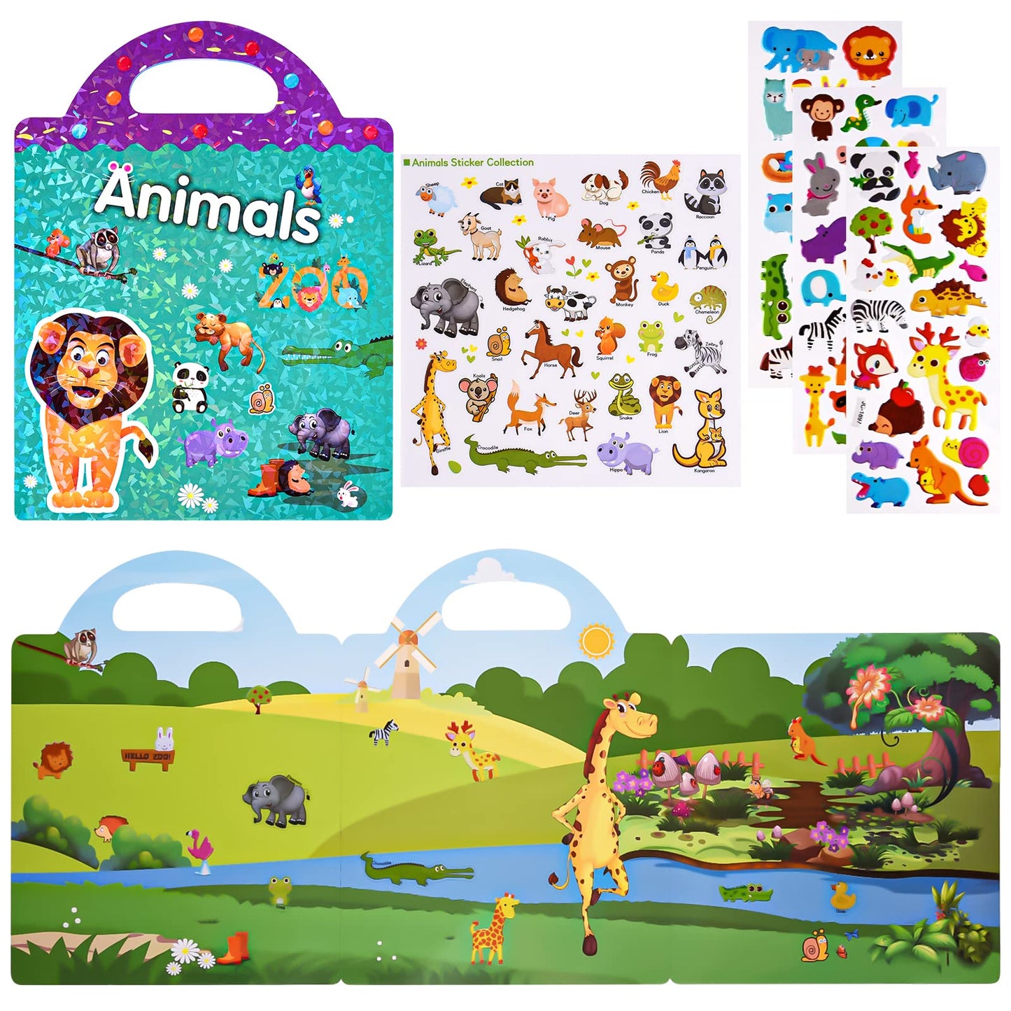 Astaron Reusable Sticker Book For Toddlers, 88 Pcs Animal Stickers Road Trip Activities Car Airplane Activities Travel Toys For Kids, Kids Quiet Time Activities (3-6 Age)