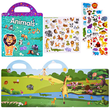 Astaron Reusable Sticker Book For Toddlers, 88 Pcs Animal Stickers Road Trip Activities Car Airplane Activities Travel Toys For Kids, Kids Quiet Time Activities (3-6 Age)