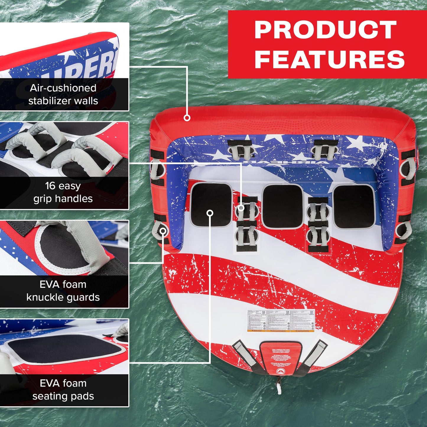 AIRHEAD Super Mable 3-Person Towable Tube - Inflatable Nylon Boat Tube, Stars & Stripes Pattern, 16 Handles, Cushioned Walls