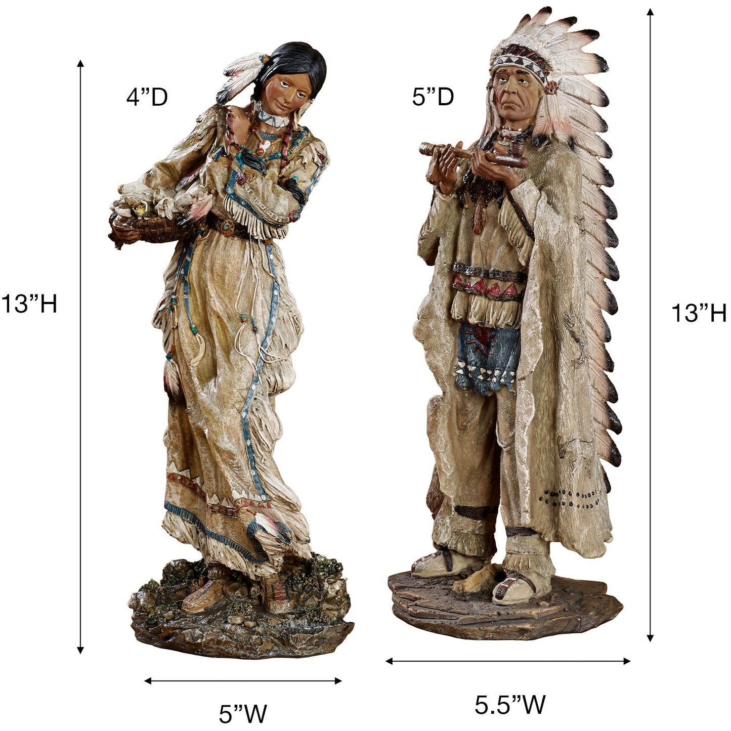 Touch of Class Native American Figurines Set of 2 - Multi Earth Tones Resin Decor for Living Room, Office Desk - Tribal Chief & Woman
