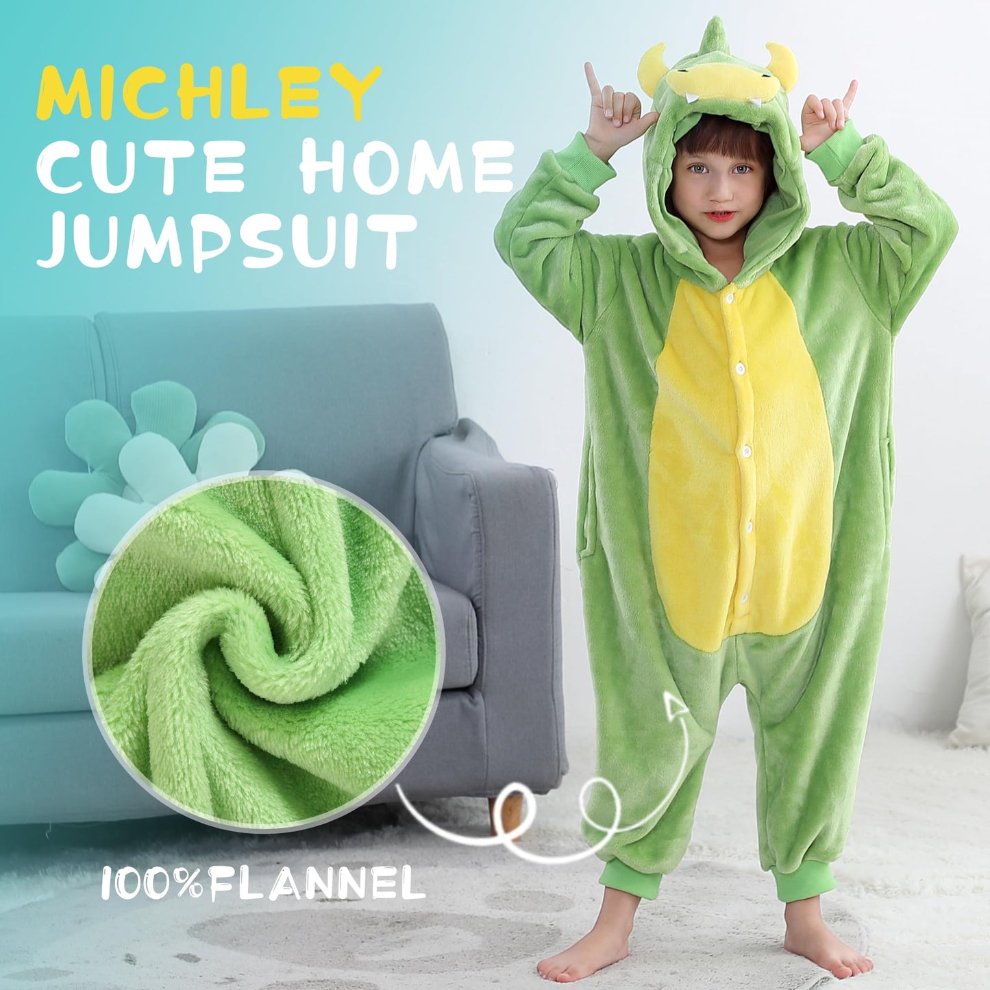 Michley Animal Hooded Romper Kids Flannel Halloween Cosplay Pajamas Costume 3-12T For Autumn Winter, Dinosaur, 7-8T, Size120