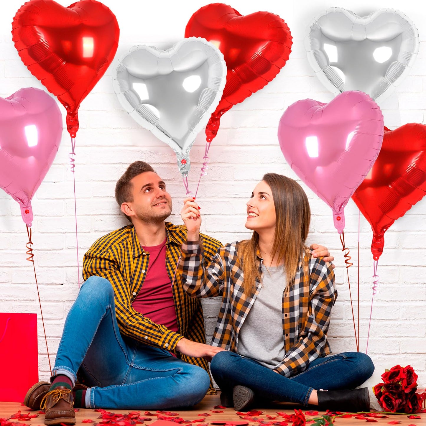 12 Pcs Red Pink And Silver Heart Balloons,18 Inch Heart Foil Balloons Love Balloons Valentine Balloons For Birthday Party Weddin